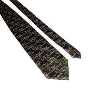 Merry Christmas Necktie Navy Green Holly Leaves Red Berries Holiday Dad Gift